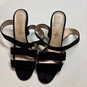 Chanel Interlocking CC Logo Sexy Ankle Strap Sandals 40 Black Suede